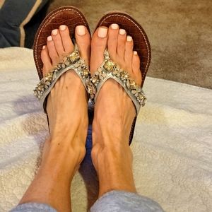 Sam Edelman Randi Cork Wedge Jeweled Sandals Thongs Shoes Size 7